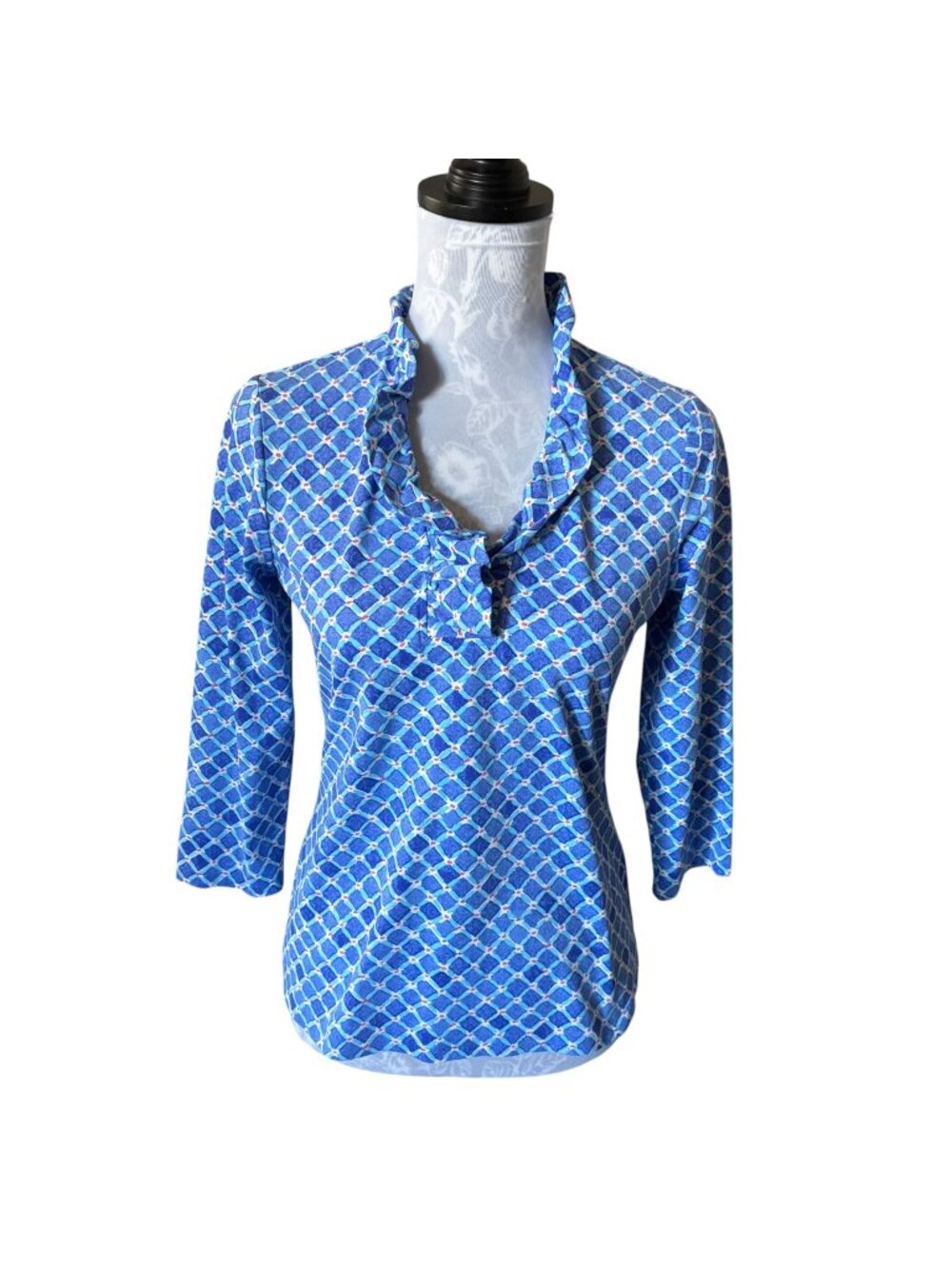 J Mclaughlin Durham Shirt Ruffle Top Blouse Stretchy Blue Size Small